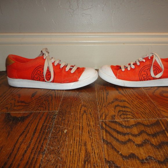 TORY BURCH Women's Orange & White Textile & Leather Sneakers Shoes Size 7M - Picture 4 of 11